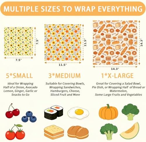 Reusable Beeswax Wraps, Bread Floral Bee Wraps, 9 Pack, For Sandwich, Bread, Fruit, Bowl, Eco-Friendly, Organic Cotton, Sustainable, Zero Waste, Plastic-Free, 1XL, 3M, 5S - Image 2