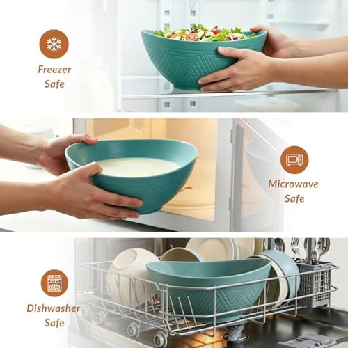 Homienly Salad Bowls 6 PCS Wheat Straw Bowls - 60oz Large Serving Bowl - Microwave and Dishwasher Safe Centerpiece Bowl Big Soup Bowl for Kitchen, Camping, Picnic, Party, Popcorn Bowl Set - Green - Image 5