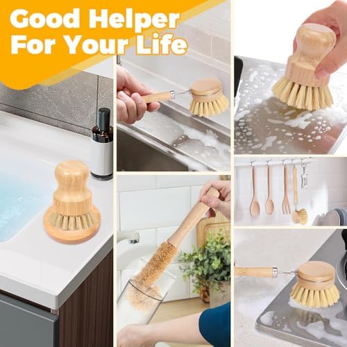 Bamboo Dish Brushes Set Natural Bamboo Dish Scrub Brush Set with Handle Wood Dish Brush Bamboo Dish Scrubber Set for Cast Iron Pan Pot Dish Washing - Image 7