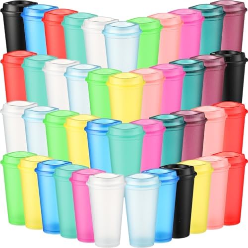 Honeydak 45 Pack 16 oz Reusable Coffee Cups with Lids Water Bottle Iced Coffee Travel Mug Portable Plastic Tea Tumblers Bulk for Hot and Cold Drinks Birthdays Party (Fluorescent Color,Stylish) by Honeydak