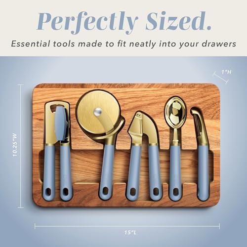 COOK WITH COLOR 6-Piece Kitchen Tool Set with Acacia Wood Cutting Board, Can Opener, Pizza Cutter & Prep Essentials, Blue - Image 3