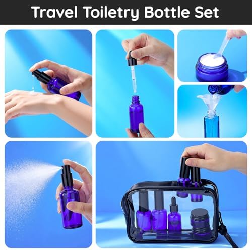 Segbeauty 8pcs Blue Travel Essentials Toilet Bottles Skincare Containers Set with Bag, Refillable Travel Size Containers Pump Bottle Cream Jar, Empty Glass Perfume Spray Bottles, Oils Dropper Bottle - Image 4