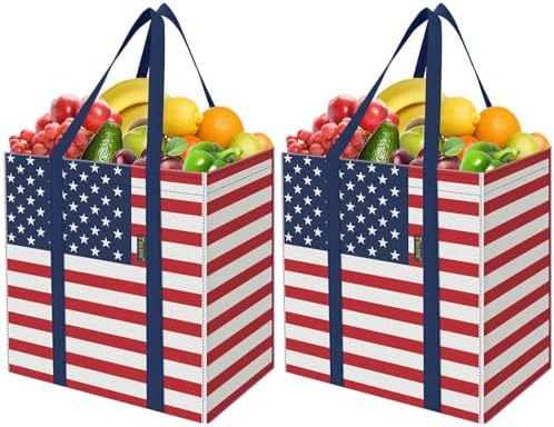BALEINE 2 PK Grocery Bags Reusable Shopping Bags with Reinforced Bottom, Heavy Duty Foldable Tote Bags (Patriot Celebration) by BALEINE