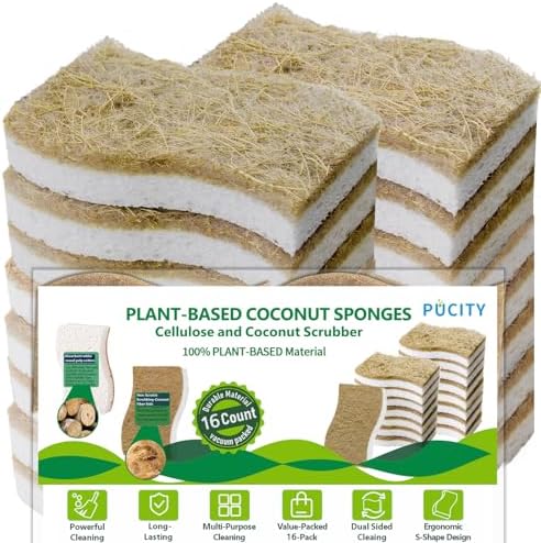 Sponges Kitchen Natural Dish Sponge Plant-Based Biodegradable Compostable Cellulose with Coconut Scrubber Sponge Non Scratch Eco Friendly Kitchen sponges for Kitchen Dishes（Pack of 16） by Unknown