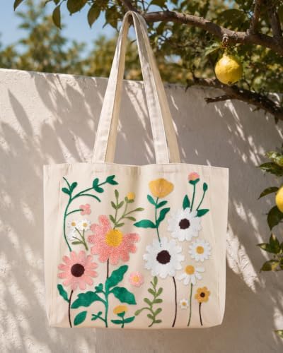 Floral Embroidery Canvas Tote Bag with Magnetic Closure for Daily - Image 3