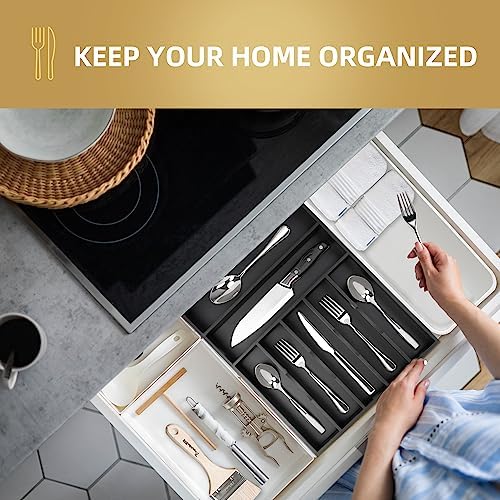 Bamboo Silverware Holder Drawer Utensil Organizer with 7 Slots Black - Image 5