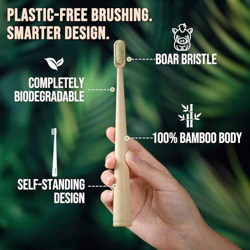 Gaia Guy Bamboo & Boar Bristle Toothbrushes – 4 Pack | Natural Boar Bristles | Plastic-Free, Standing Handle | Minimalist, Low-Waste Oral Care - Image 3