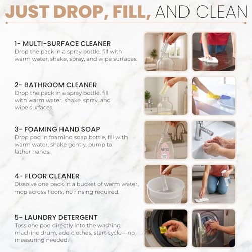 Starter Cleaning Kit I Multi Surface Cleaner I Bathroom Cleaner I Liquid Laundry Detergent I Hand Foaming Soap I Floor Cleaner I Three Free Bottles - Image 3