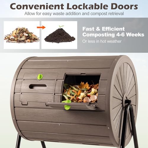 Goplus Compost Tumbler, 37.5 Gallon Large Outdoor Compost Bin w/Dual Chambers, 2 Lockable Doors, Efficient 360° Rotating Batch Composter for Garden Yard Farm Waste, Easy Assembly, BPA-Free (Coffee) - Image 6
