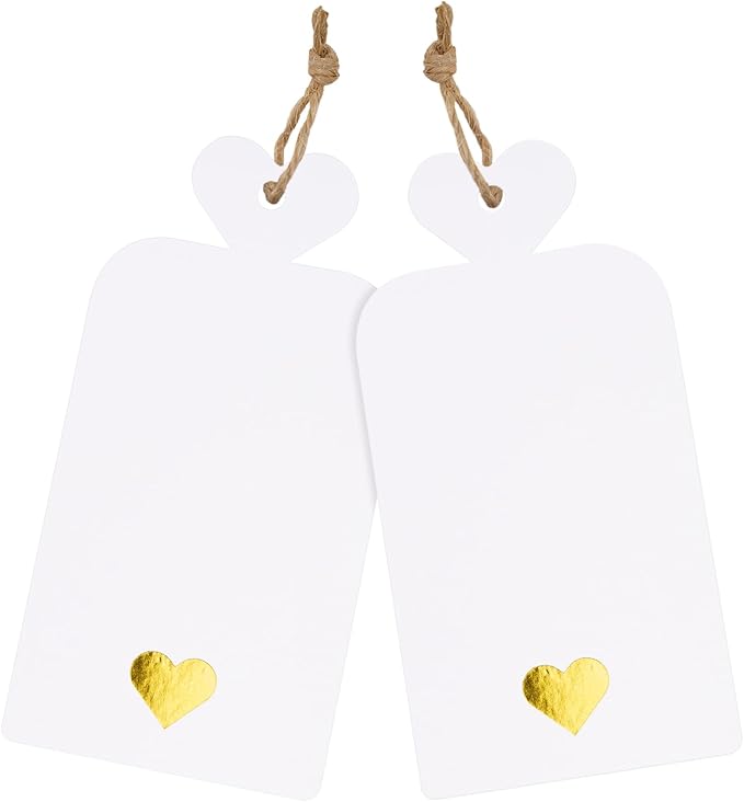jijAcraft 100Pcs Blank Gift Tags with String, Gift Tags with Foil Gold Heart, 4x2Inch Large Hanging Tag, White Paper Labels for Party Favors, Cupcakes, DIY Crafts