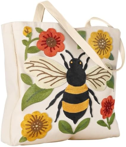 Floral Embroidery Canvas Tote Bag with Magnetic Closure for Daily by VelvetHue