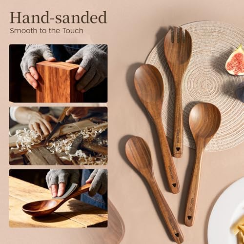 Kikcoin 10 PCS Durable Natural Teak Wooden Cooking Utensil Set, Non Toxic Wooden Spoons for Cooking, Wooden Utensil Set for Cooking with Comfort Grip, Nonstick & Easy to Clean Wood Kitchen Utensil Set - Image 7