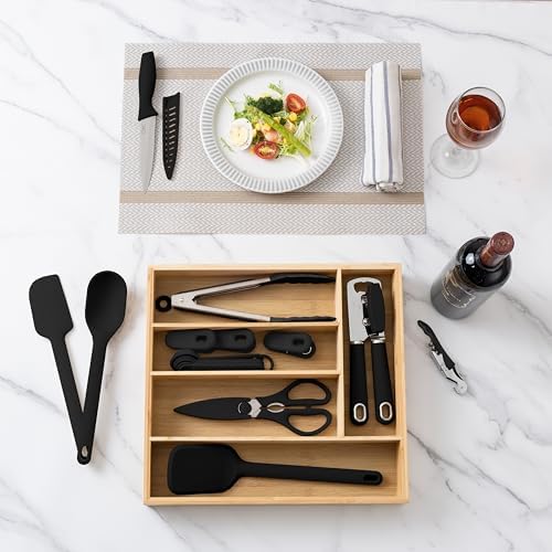 COOK WITH COLOR Bamboo Kitchen Utensil Set with Drawer Organizer | Cooking Tools and Storage Caddy, Black, 18 Piece Gadget Set - Image 6