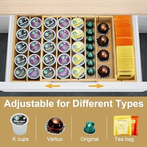 MinBoo Bamboo K Cup Holder for Drawer or Countertop Coffee Pod Holder Expandable K Cup Pod Storage Tea bag organizer K Cup Storage for Coffee Station Home Office and Kitchen, Natural - Image 4