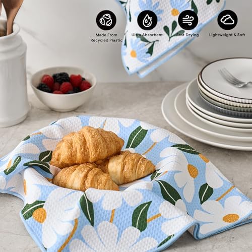 RECYCO Waffle Kitchen Towel Set of 2 - Quick Dry Microfiber Sustainable Dish Towels - Ultra Absorbent Reusable Cleaning Tea Towels - Lightweight Hand Towels,16”x 28”, Daisy Dreams - Image 2