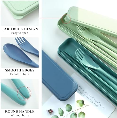 DISSKNIC Green Travel Utensils with Case, Reusable Utensil Sets for Lunch Box, Chopsticks Reusable Plastic Utensils Lunch Box Accessories for Adults,Portable Utensils Set with Case,Camping Accessories - Image 4
