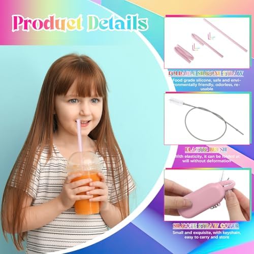 Meanplan 4 Sets Reusable Straws Travel Case Brush Silicone,Pink - Image 3