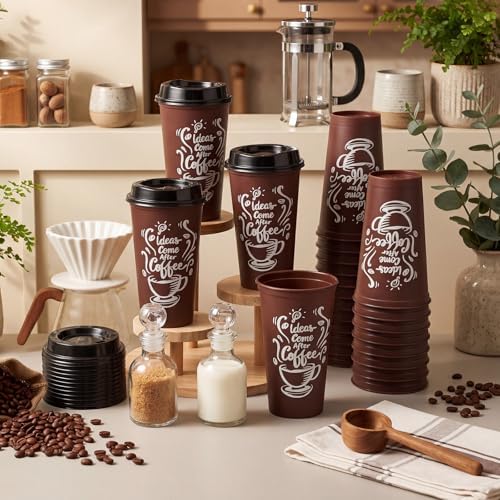 Honeydak 45 Pack 16 oz Reusable Coffee Cups with Lids Water Bottle Iced Coffee Travel Mug Portable Plastic Tea Tumblers Bulk for Hot and Cold Drinks Birthdays Party (Brown,Printing Style) - Image 3