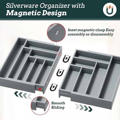 Magnetic Expandable Silverware Drawer Organizer, 13 Slots Utensil Gray - Image 3