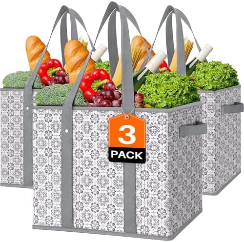 Reusable Grocery Bags 3 Pack, Foldable & Water Resistant Shopping Bags by WiseLife