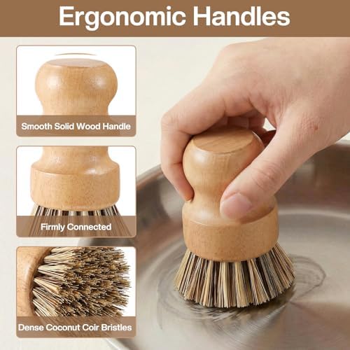 5 Pcs Bamboo Dish Brush Set Includes 1 Wooden Handle with 3 Natural Replaceable Bristle Heads and 1 Handheld Bamboo Wok Brush Scrubber for Dishes Pans Pots Fruit and Veggie Washing(Style B) - Image 4