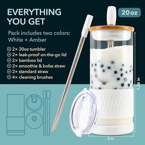 Pandaloo® Glass Cups With Lids and Straws -20 Fl Oz- Perfect Size Iced Coffee Cup - Smoothie Cup With Bamboo Lid and On the go Lid - Glass Tumbler (2 Count (Pack of 1), Amber Sand-Coton White) - Image 2
