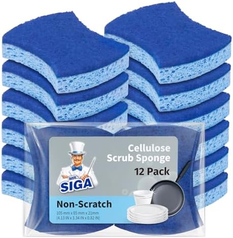 MR.SIGA Non-Scratch Cellulose Scrub Sponge, Dual-Sided Dish Sponge, 12 Pack by MRSIGA