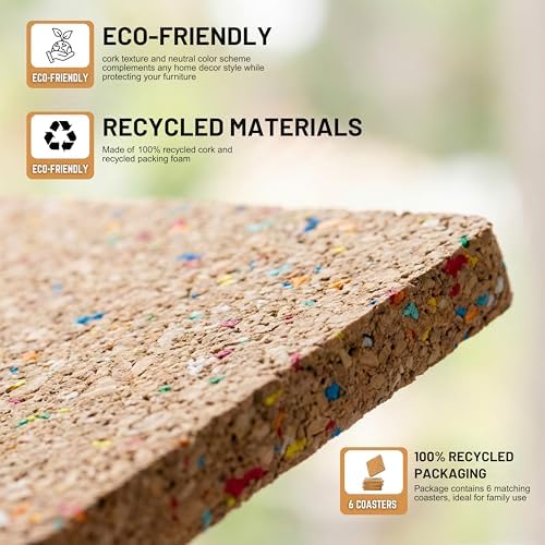 Bleeker & Rowe Recycled Cork Coasters, Set of 6, 4x4 inches, Non-Slip, Absorbent - Image 7
