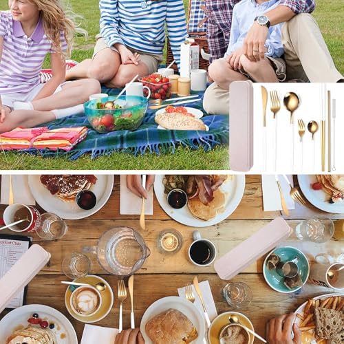 AARAINBOW 8 Pieces Stainless Steel Flatware Set Portable Reusable Cutlery Set Travel Utensils Set Including Chopsticks Knife Fork Spoon Straws Cleaning Brush Dishwasher Safe (White Golden) - Image 5