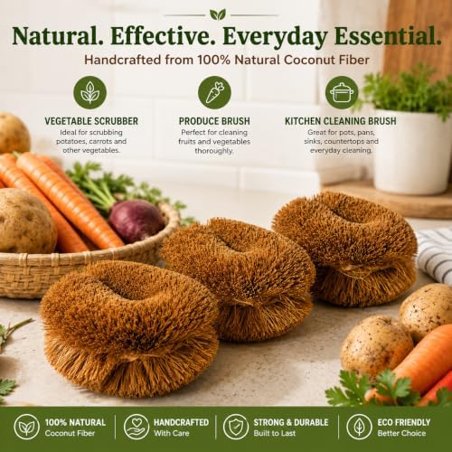 Pack of 6 Tawashi Vegetable Scrub Brush, Natural Coconut Coir Fiber Produce Brush, Fruit & Vegetable Scrubber, Kitchen Cleaning Brush, Japanese Kamenoko Design - Image 5