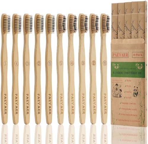 10 Pack Bamboo Toothbrushes,5 Soft 5 Medium Bristles for Adults Eco-Friendly Wooden Handle BPA-Free by paeyaer