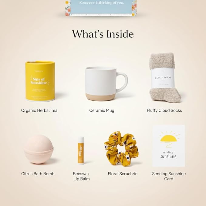 Unboxme Sunshine Spa Gift Basket for Women, Care Package with Tea, Mug, Bath Bomb, Socks, Self Care Gifts for Women, Get Well, Christmas