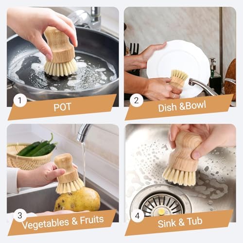 6 Packs Bamboo Dish Scrub Brushes Wooden Scrubbers Set Kitchen Dishwashing Scrubber with Natural Sisal Bristles for Cast Iron Pots, Pans, Kitchen Sink and Vegetable - Image 5