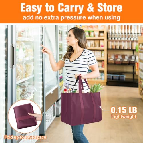 WISELIFE Reusable Grocery Bags, Foldable, Lasting Use, 35L, 3 Pack, Claret - Image 6