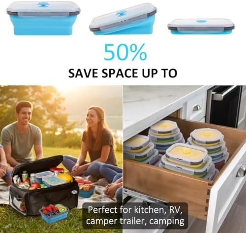 Collapsible Food Storage Containers with Airtight Lid & Vent Valve, 27 oz, Annaklin Kitchen Stacking Silicone Collapsible Meal Prep Container Set for Leftover, Microwave Freezer Safe, Blue, Set of 4 - Image 3
