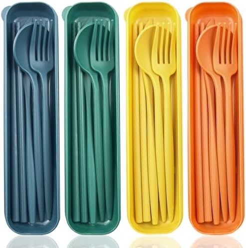 ELANE 4 Sets Reusable Travel Utensils Set with Case,Camping Cutlery Set Reusable Cutlery Set with Case,Utensil Sets for Lunch Picnic Daily Use Outdoor by ELANE
