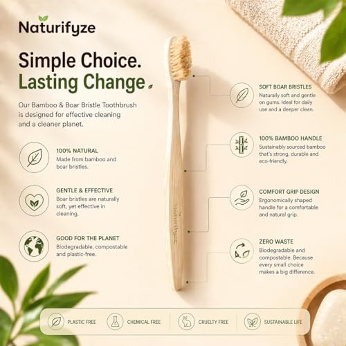 Boar Bristle & Bamboo Toothbrush (4 Pack) - Authentic Boar Bristles - Biodegradable - Plastic Free - Bamboo & Boar Bristle - Image 2