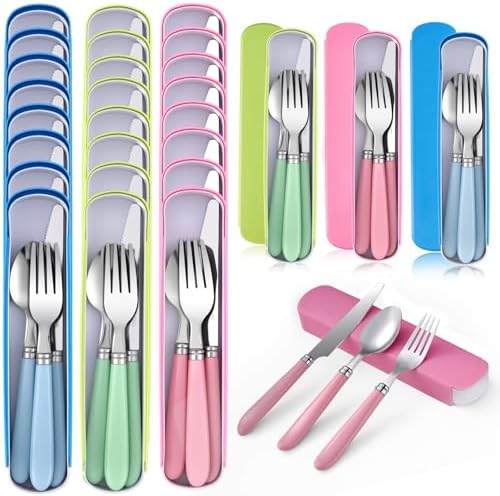 Reallnaive 24 Sets Portable Travel Utensils Set with Case Bulk Reusable Stainless Steel Silverware Travel Cutlery Lunch Tableware Portable Spoon Knife Forks Dinnerware Cutlery for Adults Camping by Reallnaive