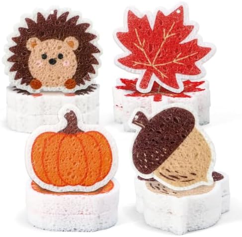 Whaline 8Pcs Fall Kitchen Sponges Pumpkin Maple Leaves Acorn Hedgehog Water Absorbing Dish Washing Sponge Non Scratch Cleaning Scrubbers for Autumn Thanksgiving Home Kitchen Decor by Whaline