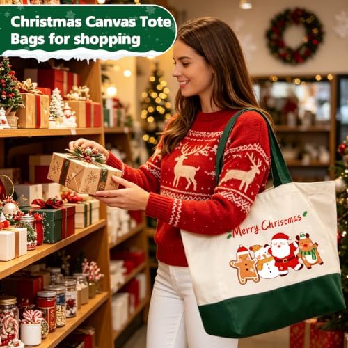 Christmas Canvas Tote Bags with Handles, Large Merry Christmas Shopping Bag - Image 3