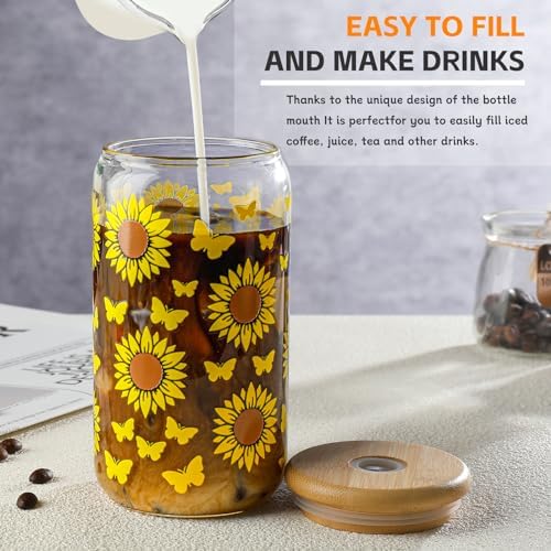 DWTS DANWEITESI Glass Cups with Lids and Straws with Design Sunflower 4 pcs,Clear Glass Cups 16 oz-Drinking Glasses Set,Glass Tumbler,Cute Design Glass Iced Coffee Cups with Lids and Straws 480ml - Image 5