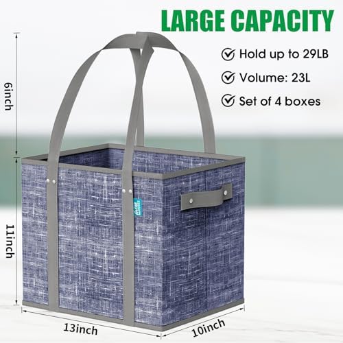 Fab totes Reusable Grocery Bags, Large Foldable Shopping Tote Bags with Reinforced Handles & Hard Bottom,4 Pack,Blue - Image 3