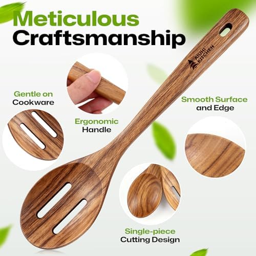 AIUHI Wooden Utensils Set of 6, Teak Wood Kitchen Utensils Set for Non-stick Cookware, Non-Toxic Wooden Spoons for Cooking-Durable, Comfortable Grip & Heat Resistant - Image 4