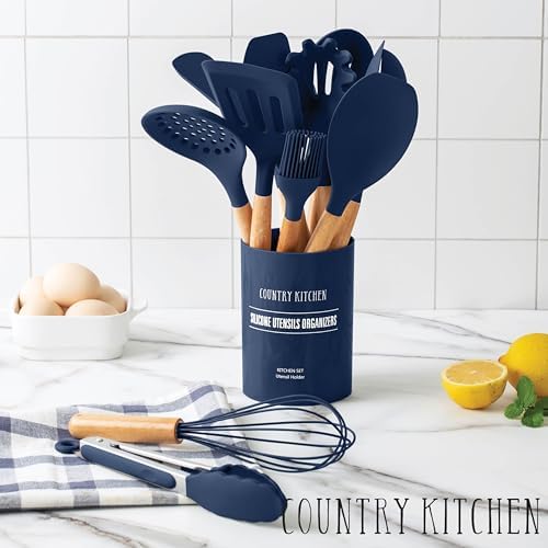 Country Kitchen Non Stick Silicone Utensil Set with Rounded Wood Handles for Cooking and Baking, 14 Piece Set, Navy - Image 4