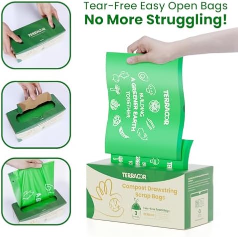 3 Gallon Compostable Trash Bags Drawstring, Heavy Duty Extra Thick 0.9 Mil, 45 Bags, Fits 2.6, 3, 4, 5 Gallon Countertop Bin Kitchen Food Scrap Waste Bag, ASTM D6400 - Image 2