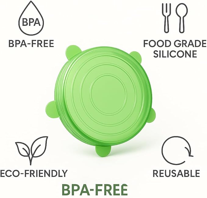 6 Pack Silicone Stretch Lids Reusable | Green Food Grade Bowl Covers for Kitchen | Airtight Seal for Food Storage | BPA Free Eco Friendly Stretchable Lid Set for Containers, Cups, Cans, Fruits