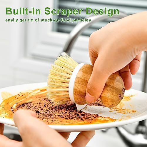 SUBEKYU Bamboo Dish Brush, Kitchen Dish Scrubber Brush with Soap Dispenser, Natural Wooden Dishwashing Brush for Cleaning Dishes/Pans/Pots, Built-in Scraper, Sisal Bristles,1 Set - Image 3