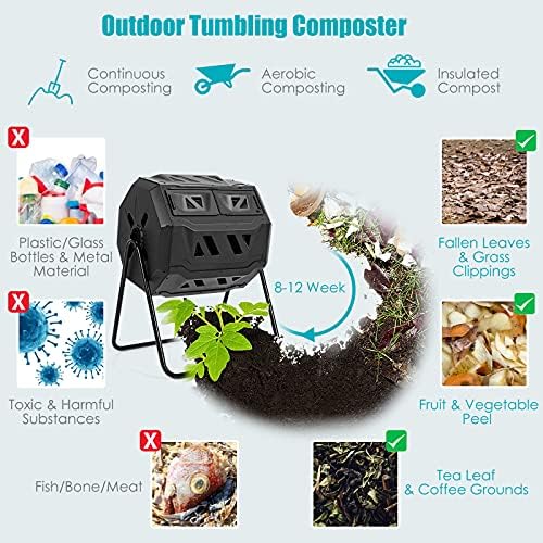 Goplus Compost Tumbler, 43 Gallon Rotating Compost Bin Barrel, Dual Chamber Tumbling Composter with Sliding Door, Gloves, Aeration System for Outdoor, Garden, Yard - Image 3
