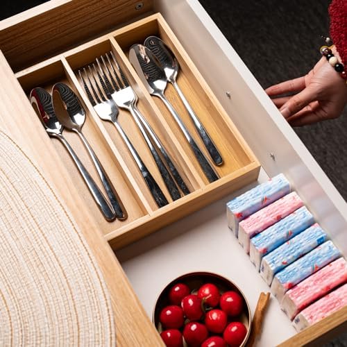 Fibogollo Bamboo Silverware Organizer with 3 Slots for Kitchen(Natural) - Image 2