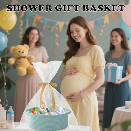 Woven Rope Basket - Baby Gift Basket with Bag & Ribbon, Aqua - Image 6